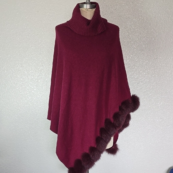 Sofia Cashmere Elegant Burgundy Turtleneck Poncho Sweater